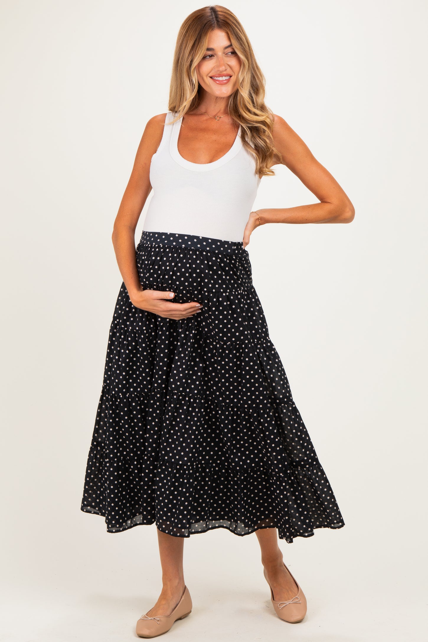 Black Polka Dot Tiered Maternity Maxi Skirt