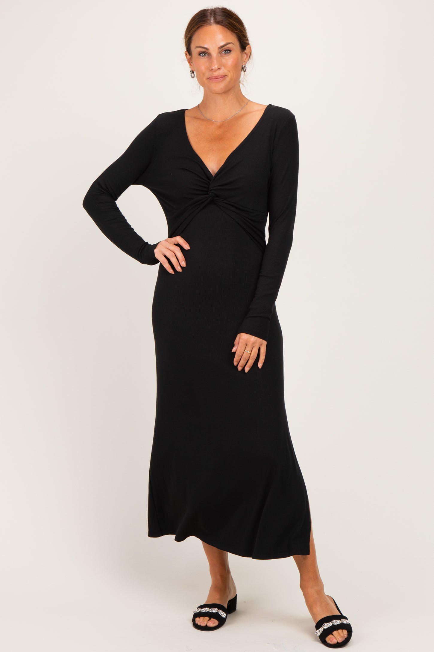 Black Knotted V-Neck Side Slit Long Sleeve Dress