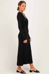 Black Knotted V-Neck Side Slit Long Sleeve Dress