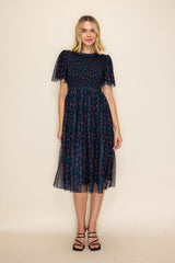 Dark Navy Floral Mesh Smocked Maternity Midi Dress