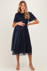 Dark Navy Floral Mesh Smocked Maternity Midi Dress
