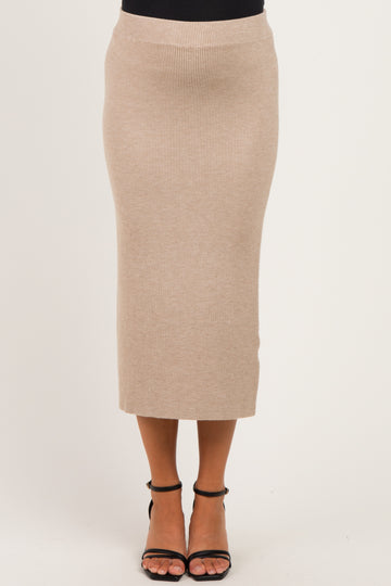 maternity wear beige ribbed midi skirt with a fitted silhouette and a stretchy waistband