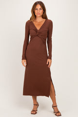 Brown Knotted V-Neck Side Slit Long Sleeve Dress