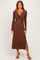 Brown Knotted V-Neck Side Slit Long Sleeve Dress