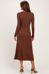 Brown Knotted V-Neck Side Slit Long Sleeve Dress