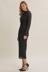 Black Fitted Lace Midi Dress