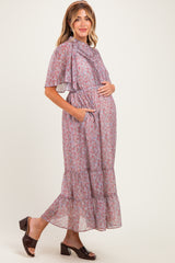 Dusty Rose Ruffle Floral Print Maternity Maxi Dress