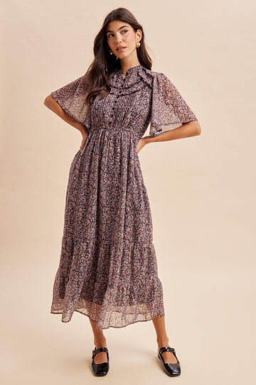 Midnight Ruffle Floral Print Maxi Dress