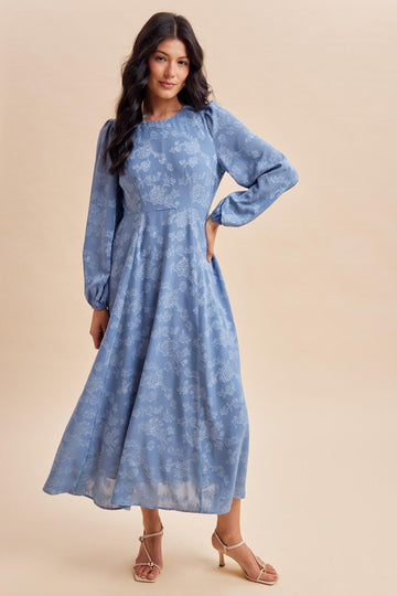 Blue Dusk Embossed Velvet Floral Maxi Dress