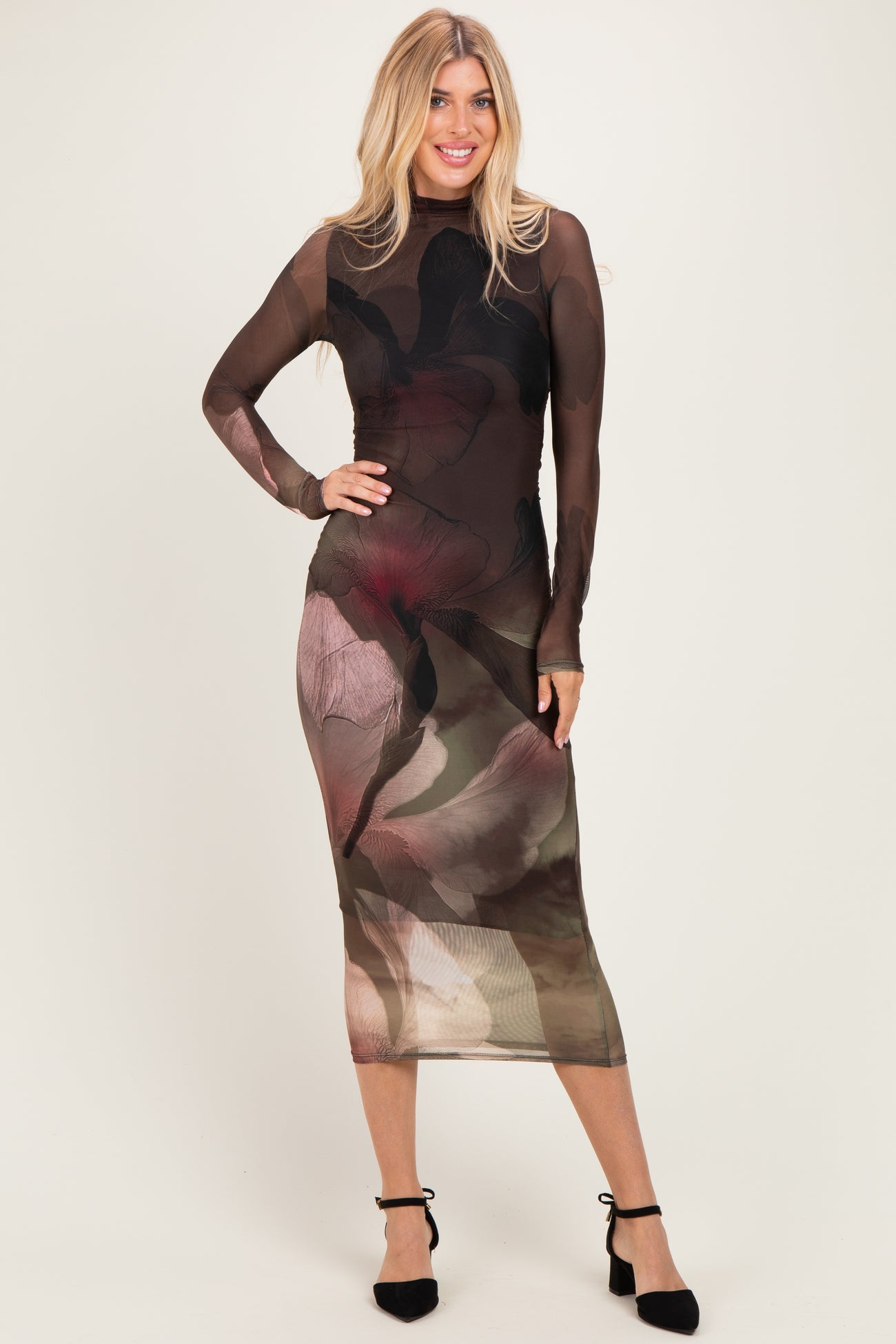 Olive Large Floral Print Mesh Long Sleeve Maternity Midi Dress