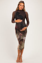 Olive Large Floral Print Mesh Long Sleeve Maternity Midi Dress