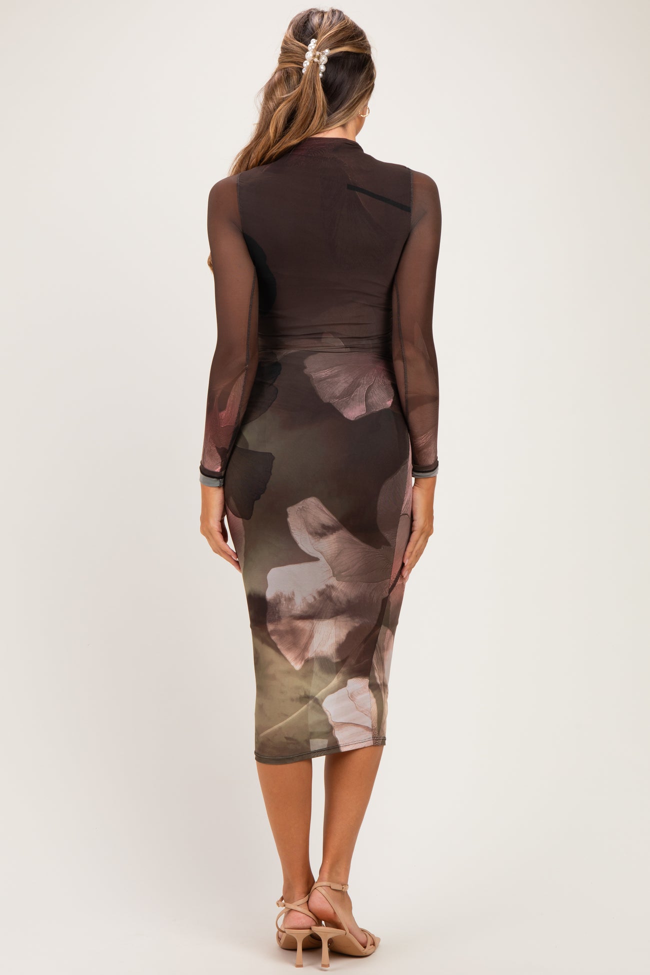 Olive Large Floral Print Mesh Long Sleeve Maternity Midi Dress