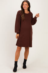 Brown Long Puff Sleeve Knit Maternity Dress