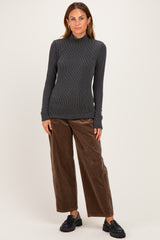 Charcoal Ribbed Fitted Mock Neck Long Sleeve Top
