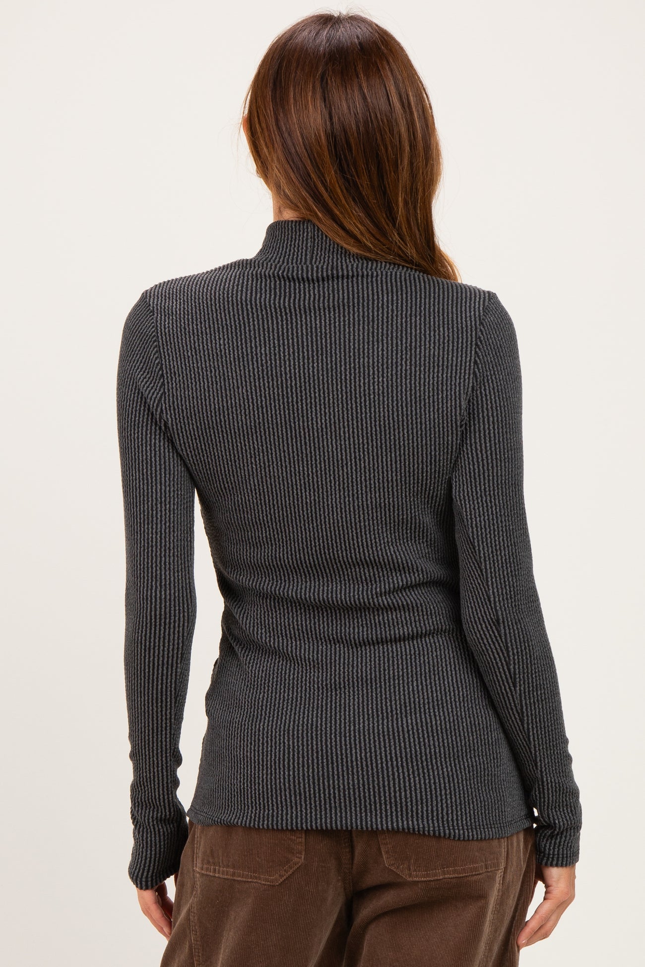 Charcoal Ribbed Fitted Mock Neck Long Sleeve Top