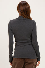 Charcoal Ribbed Fitted Mock Neck Long Sleeve Top