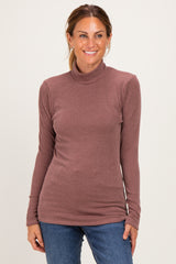 Brown Ribbed Fitted Mock Neck Long Sleeve Top