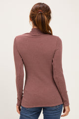 Brown Ribbed Fitted Mock Neck Long Sleeve Top