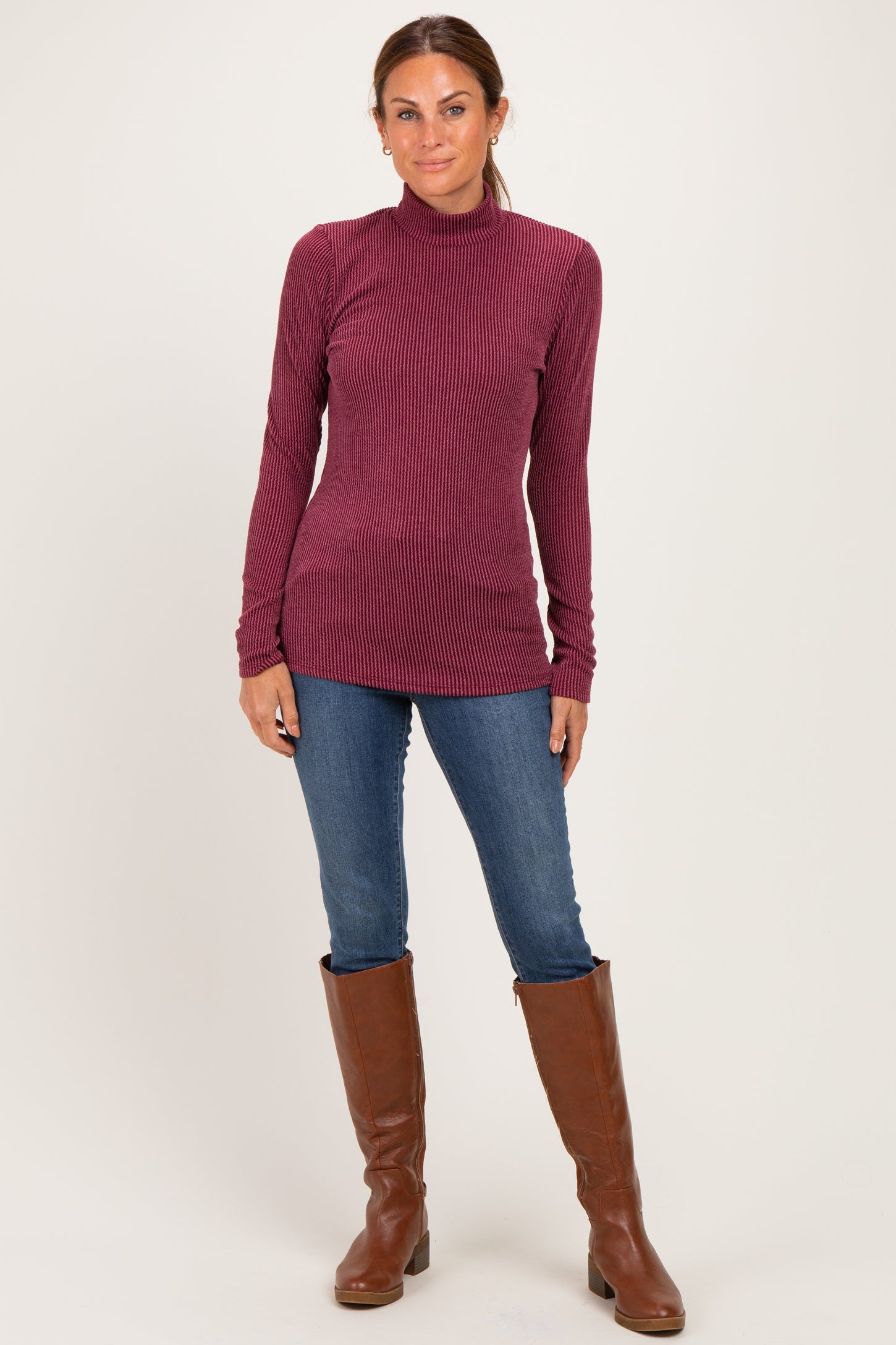 Burgundy Ribbed Fitted Mock Neck Long Sleeve Top