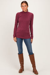 Burgundy Ribbed Fitted Mock Neck Long Sleeve Top