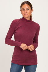 Burgundy Ribbed Fitted Mock Neck Long Sleeve Top