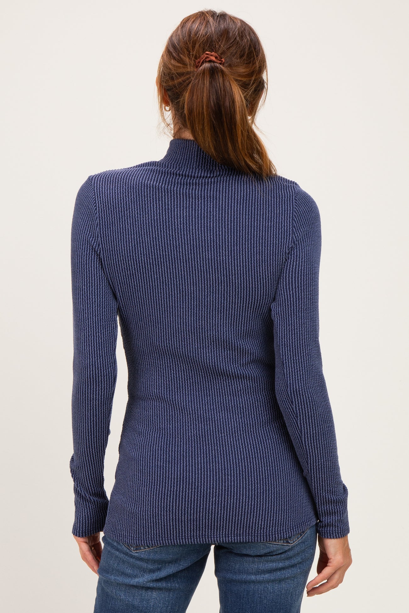 Navy Ribbed Fitted Mock Neck Long Sleeve Top
