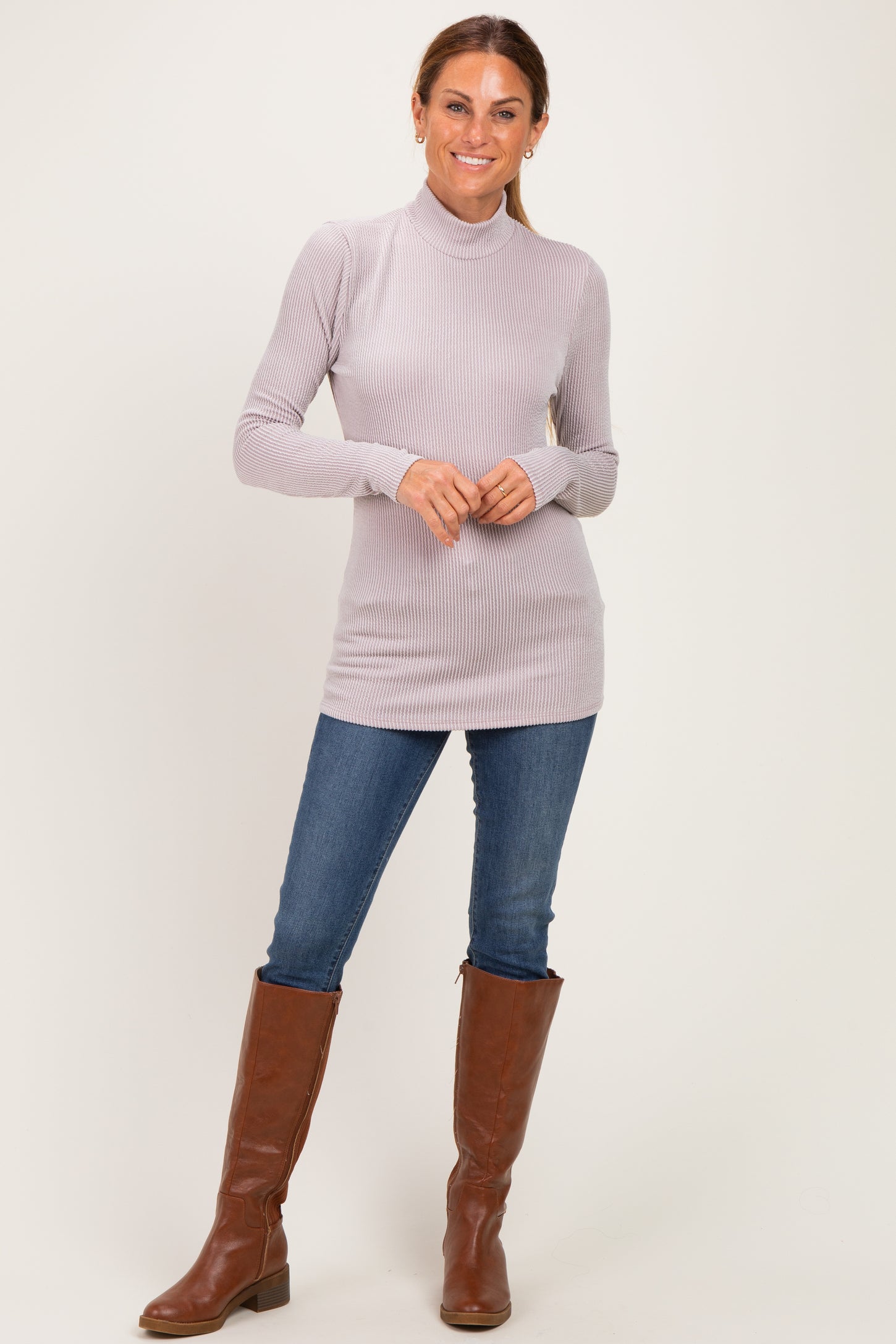 Beige Ribbed Fitted Mock Neck Long Sleeve Top