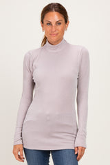 Beige Ribbed Fitted Mock Neck Long Sleeve Top