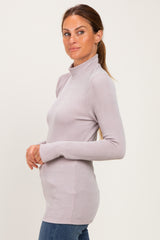 Beige Ribbed Fitted Mock Neck Long Sleeve Top
