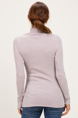 Beige Ribbed Fitted Mock Neck Long Sleeve Top
