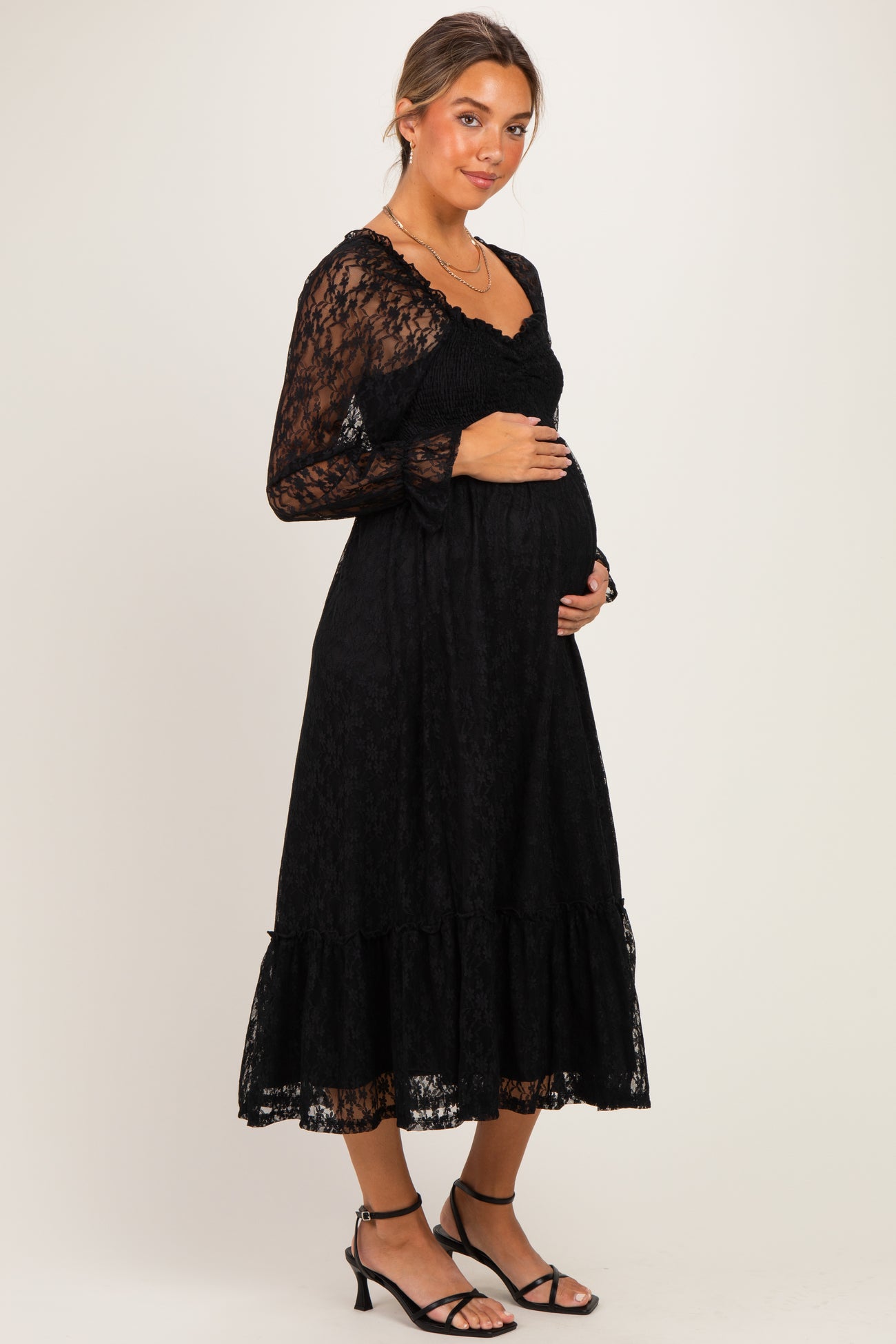 Black Sweetheart Lace Long Sleeve Maternity Maxi Dress