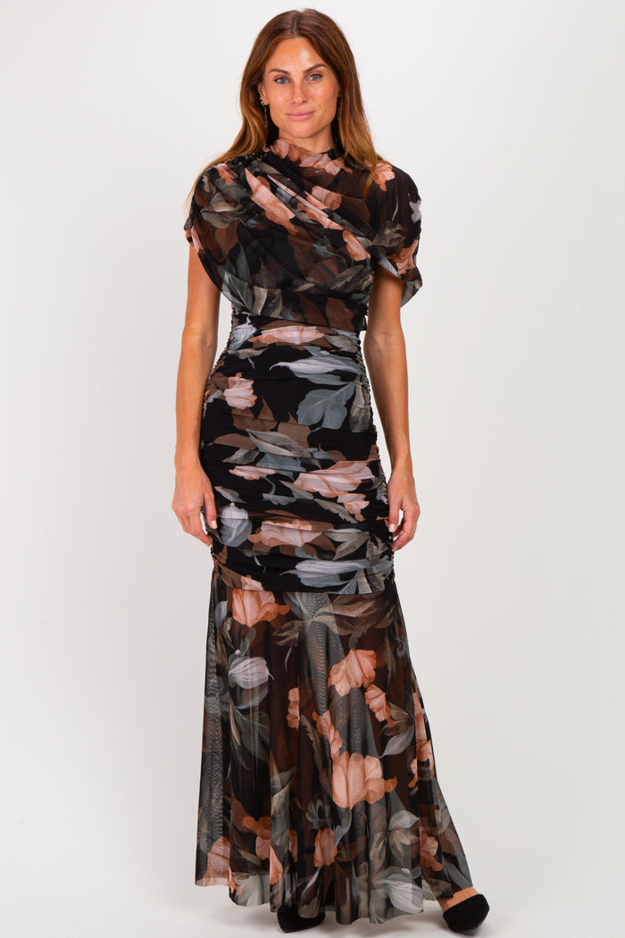 Black Floral Draped Mesh Ruched Maternity Maxi Dress