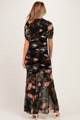 Black Floral Draped Mesh Ruched Maternity Maxi Dress