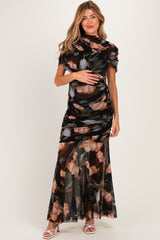 Black Floral Draped Mesh Ruched Maternity Maxi Dress