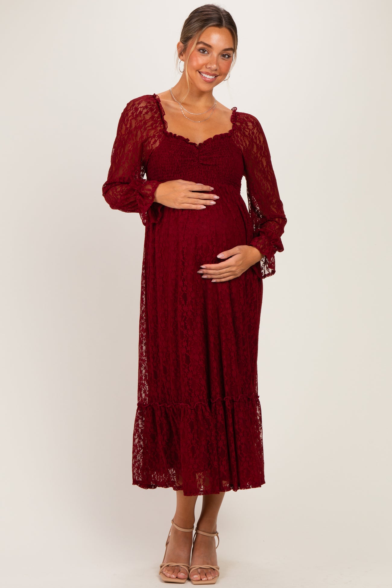 Burgundy Sweetheart Lace Long Sleeve Maternity Maxi Dress
