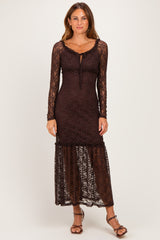 Brown Off Shoulder Long Sleeve Boho Maternity Maxi Dress