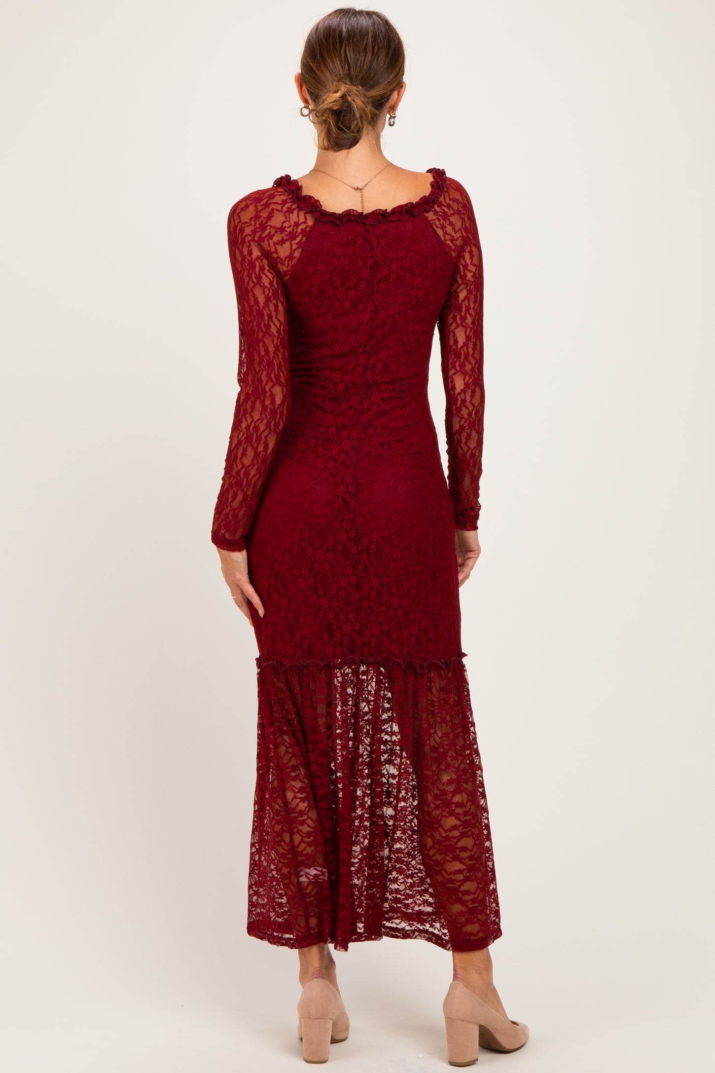 Burgundy Off Shoulder Long Sleeve Boho Maxi Dress