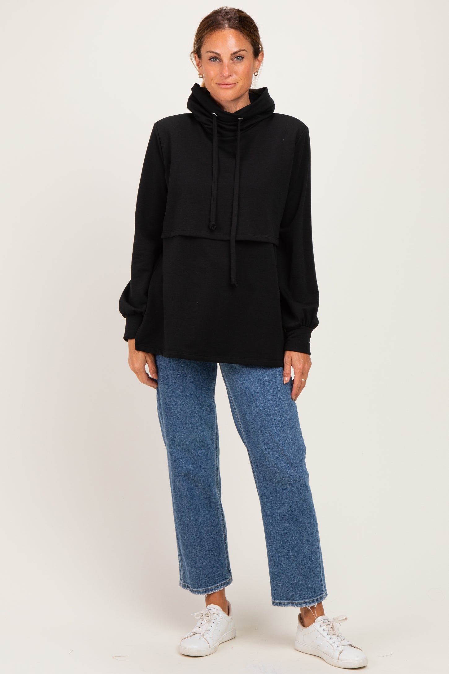Black Long Sleeve Drawstring Hooded Pullover