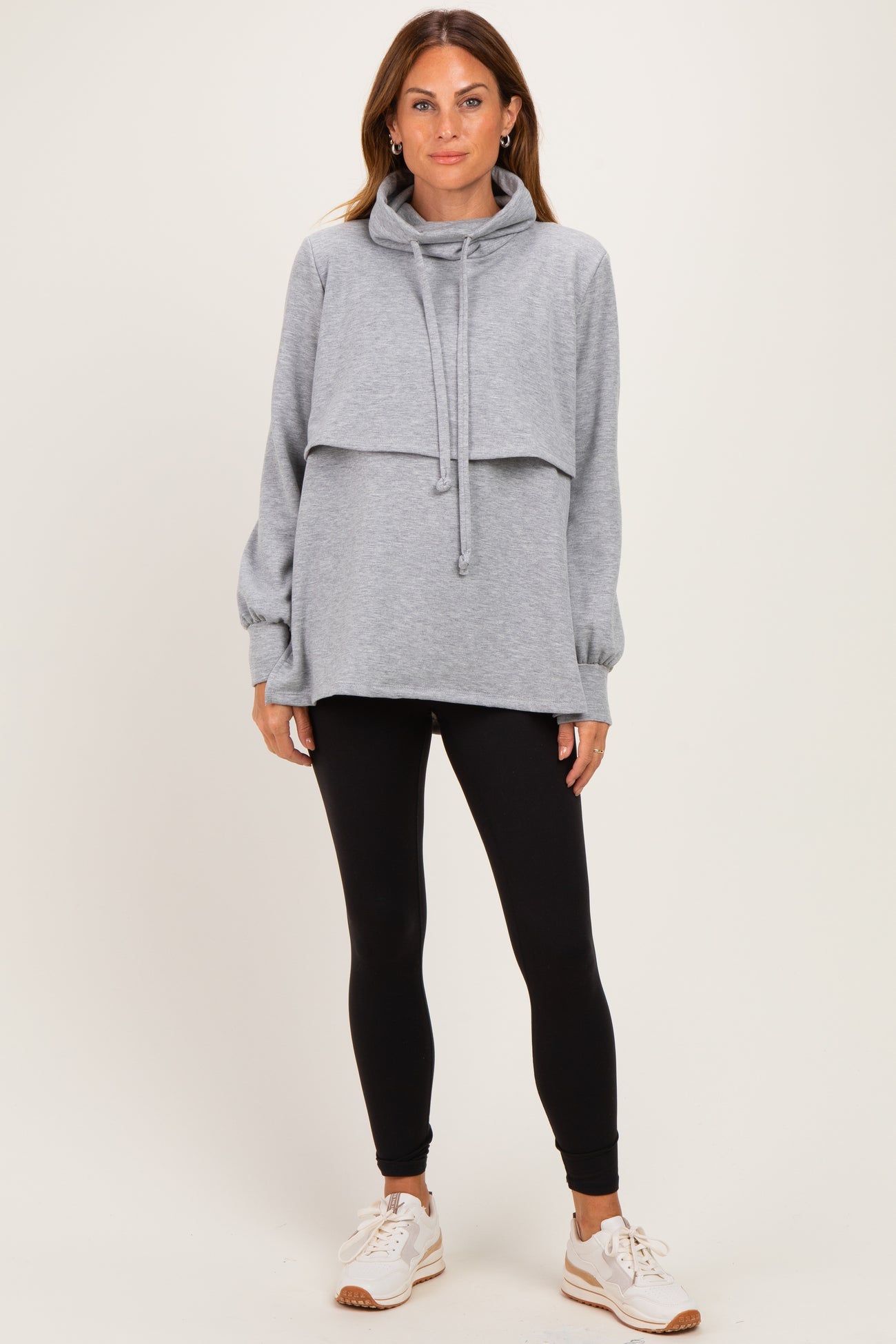 Gray Long Sleeve Drawstring Hooded Pullover