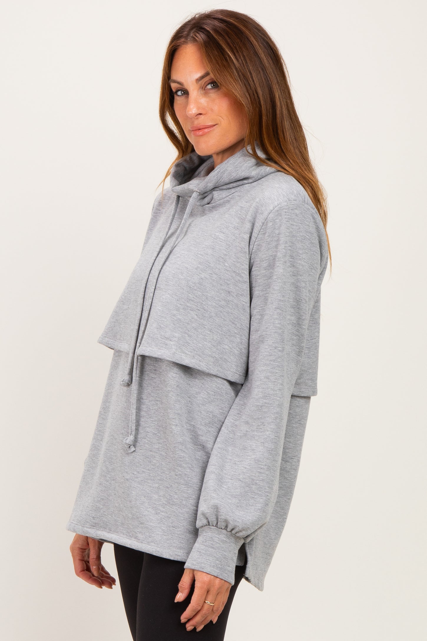 Gray Long Sleeve Drawstring Hooded Pullover