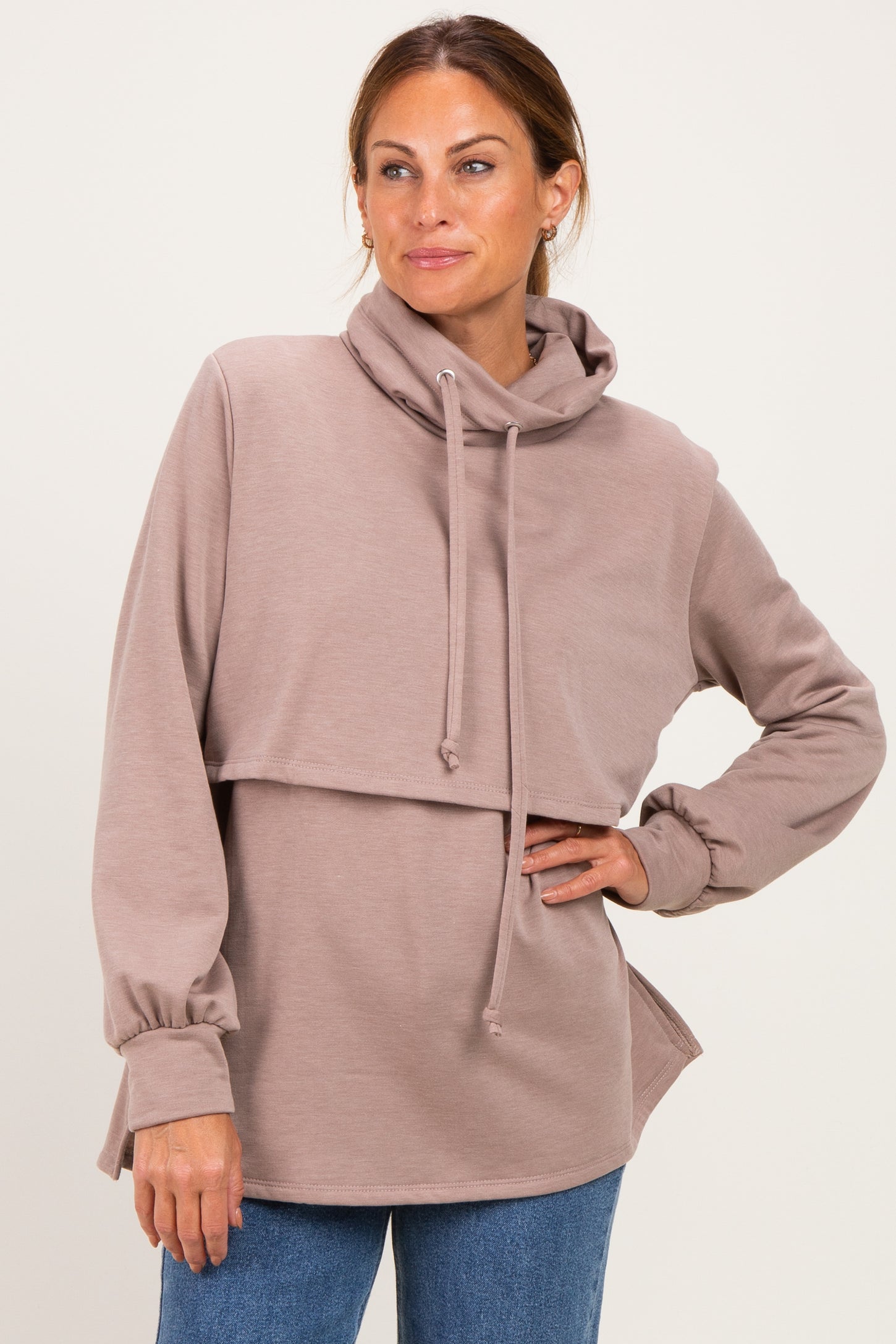 Mocha Long Sleeve Drawstring Hooded Pullover