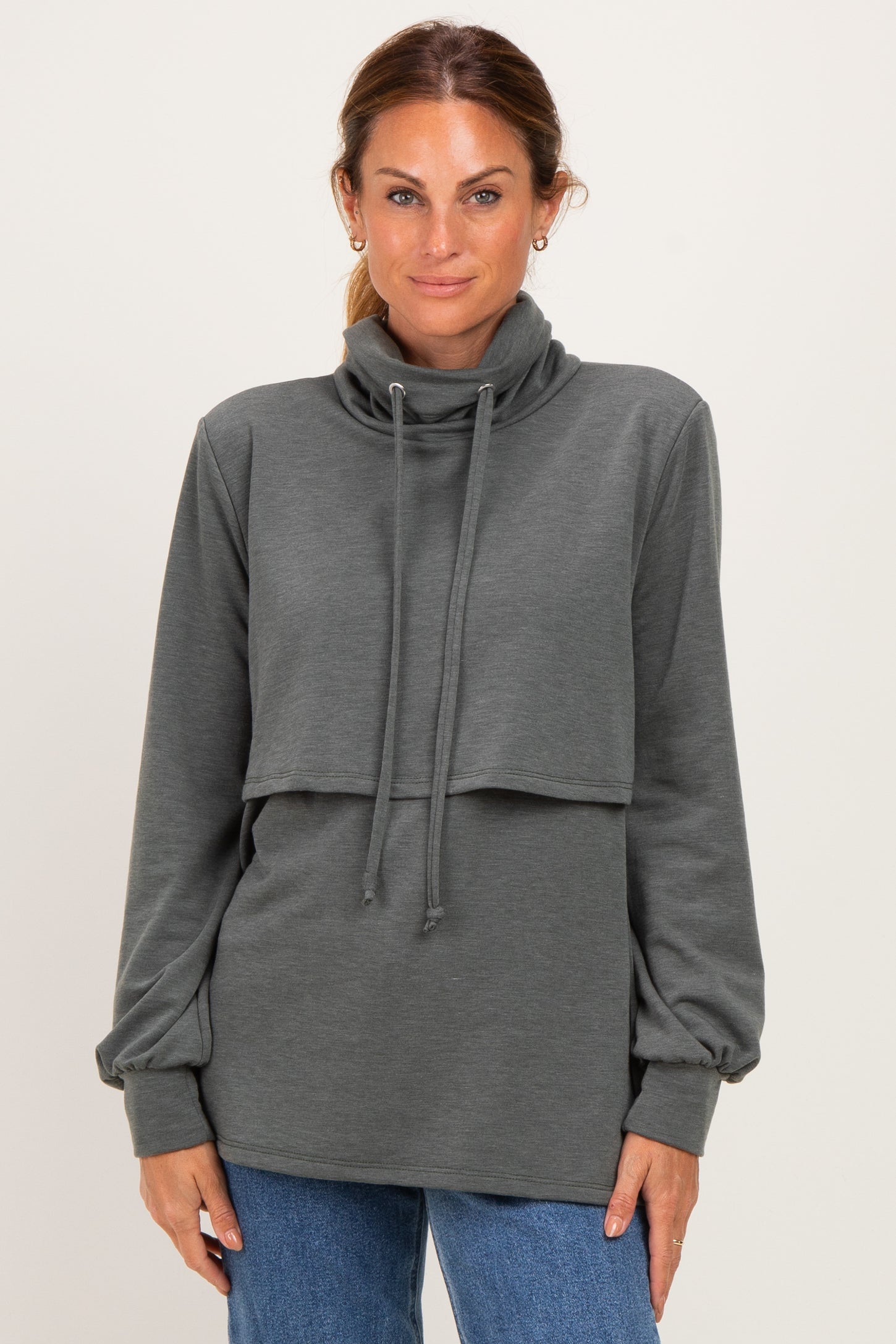 Olive Long Sleeve Drawstring Hooded Pullover
