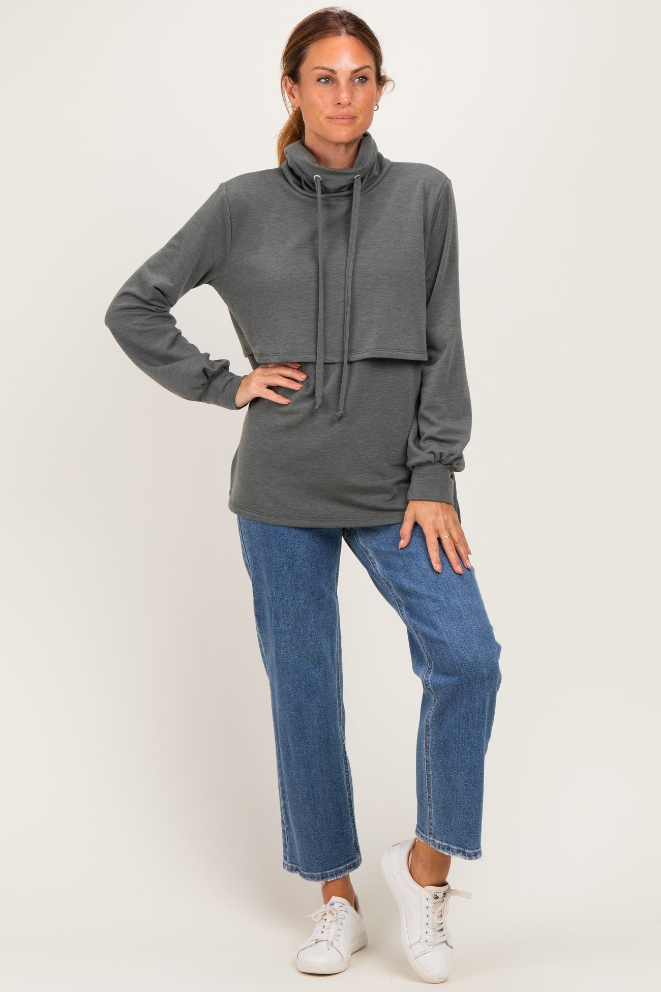 Olive Long Sleeve Drawstring Hooded Pullover