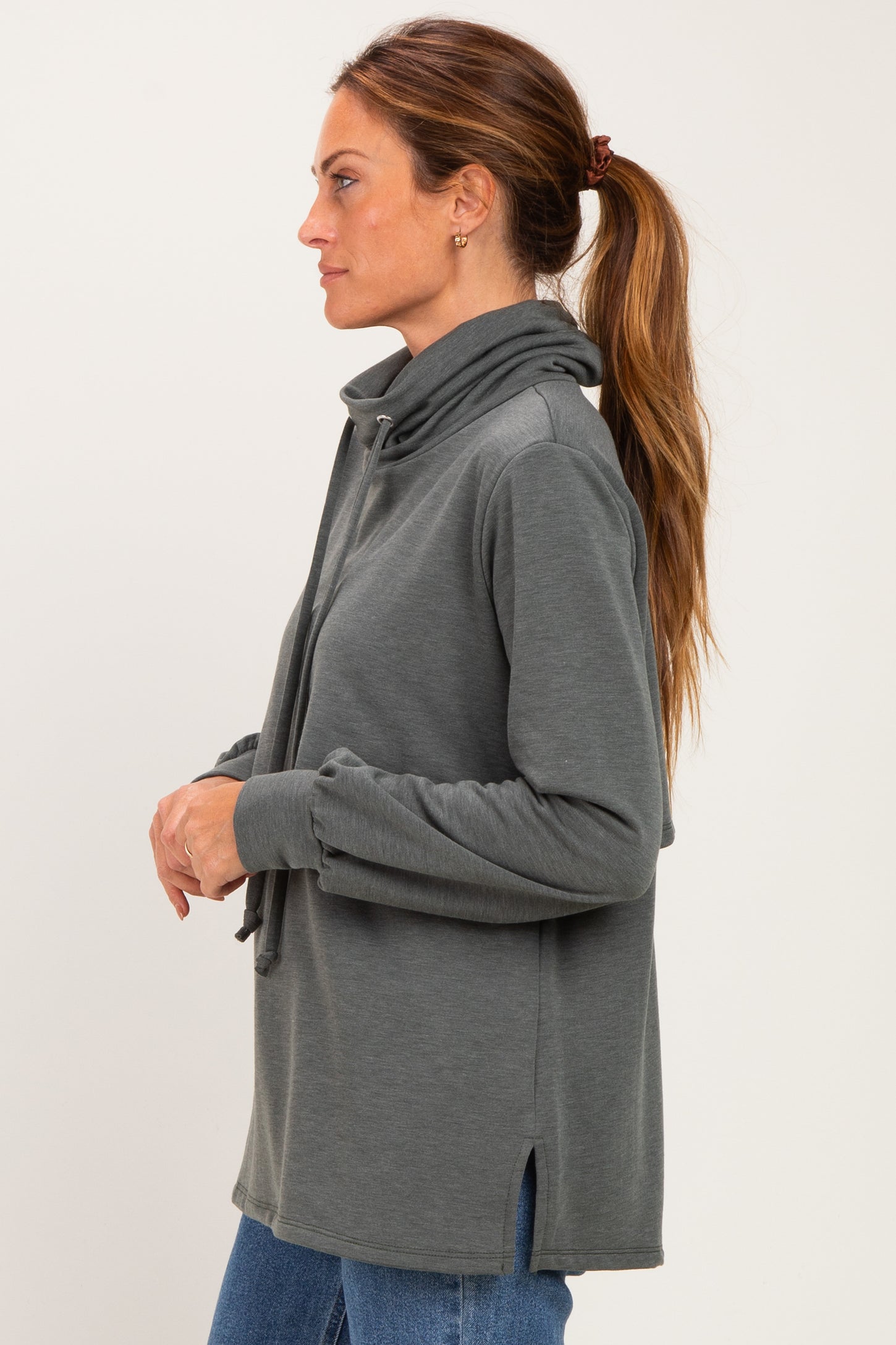 Olive Long Sleeve Drawstring Hooded Pullover