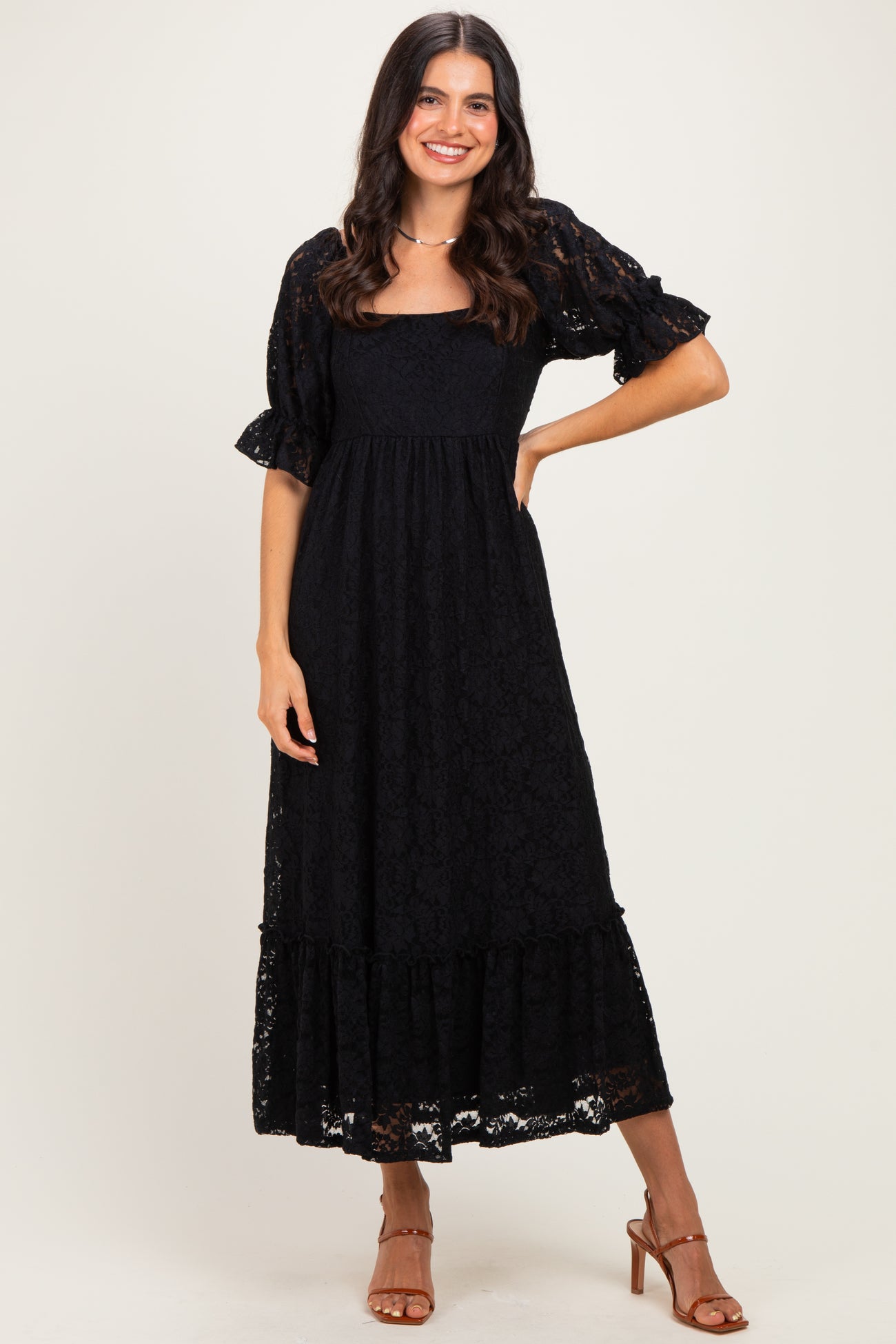 Black Floral Lace Square Neck Maternity Maxi Dress