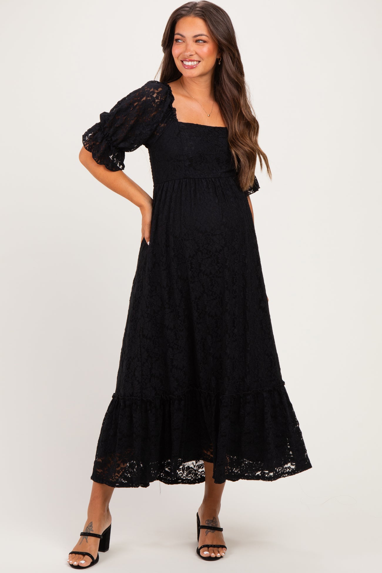 Black Floral Lace Square Neck Maternity Maxi Dress