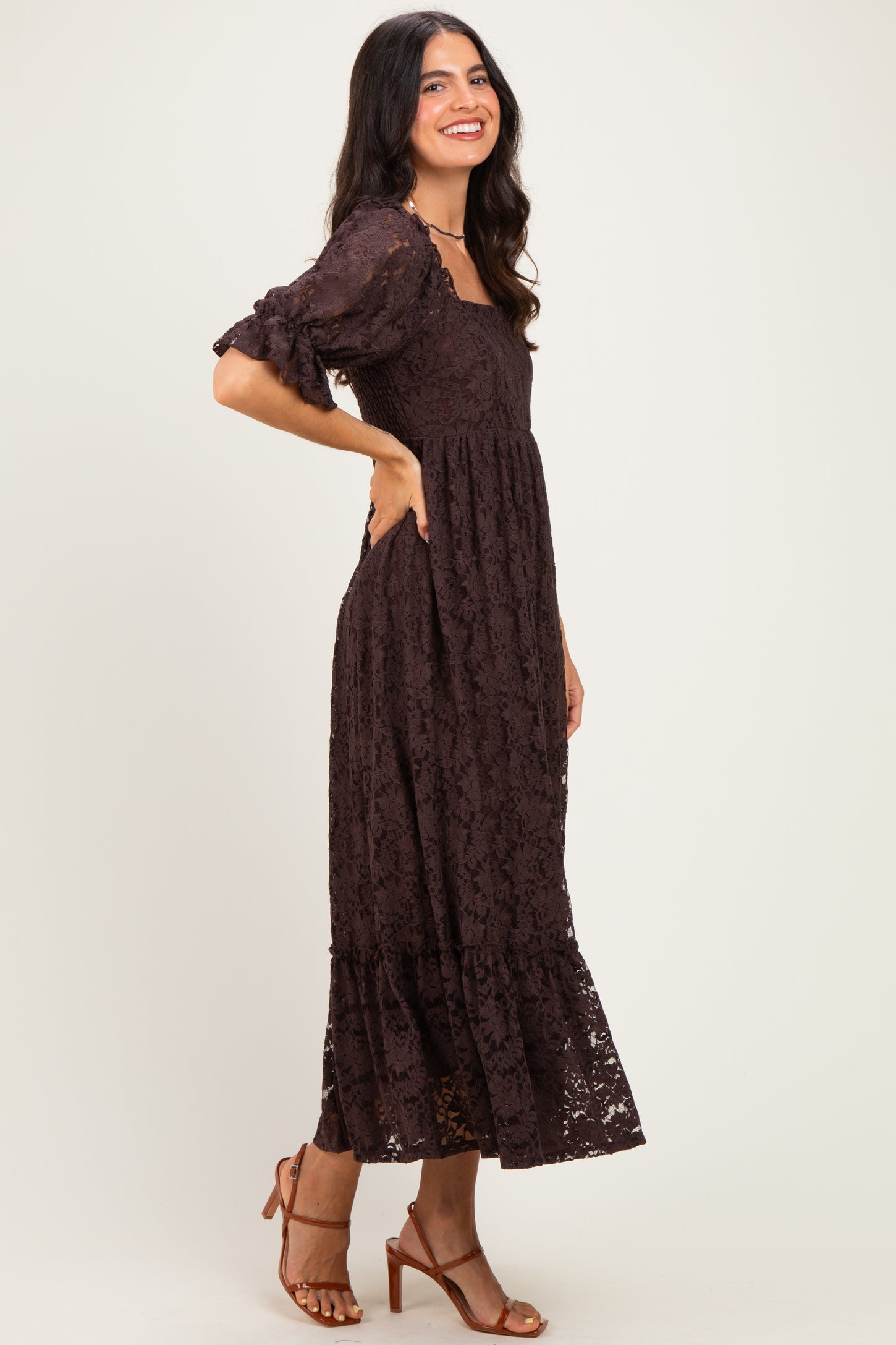 Brown Lace Square Neck Maxi Dress