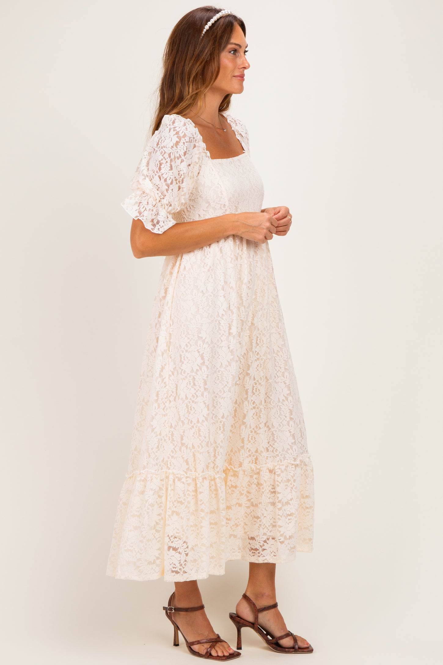 Beige Lace Square Neck Maxi Dress