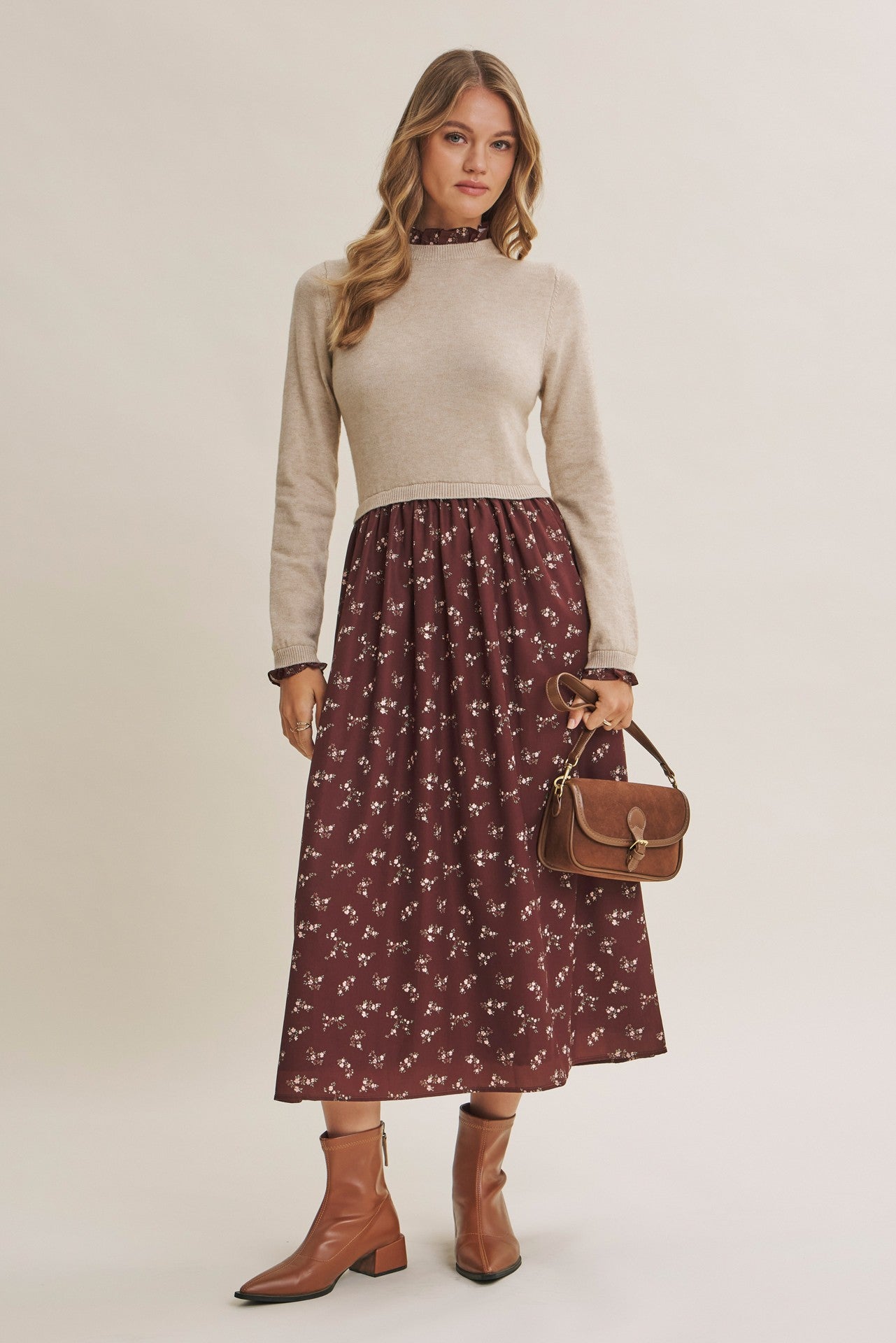 Mocha Floral Sweater Contrast Maternity Midi Dress