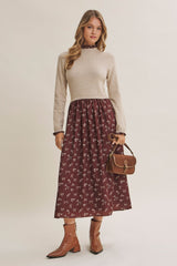 Mocha Floral Sweater Contrast Maternity Midi Dress